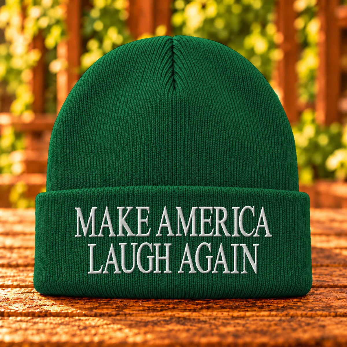 Make America Laugh Again — Athletic Green beanie with White embroidery