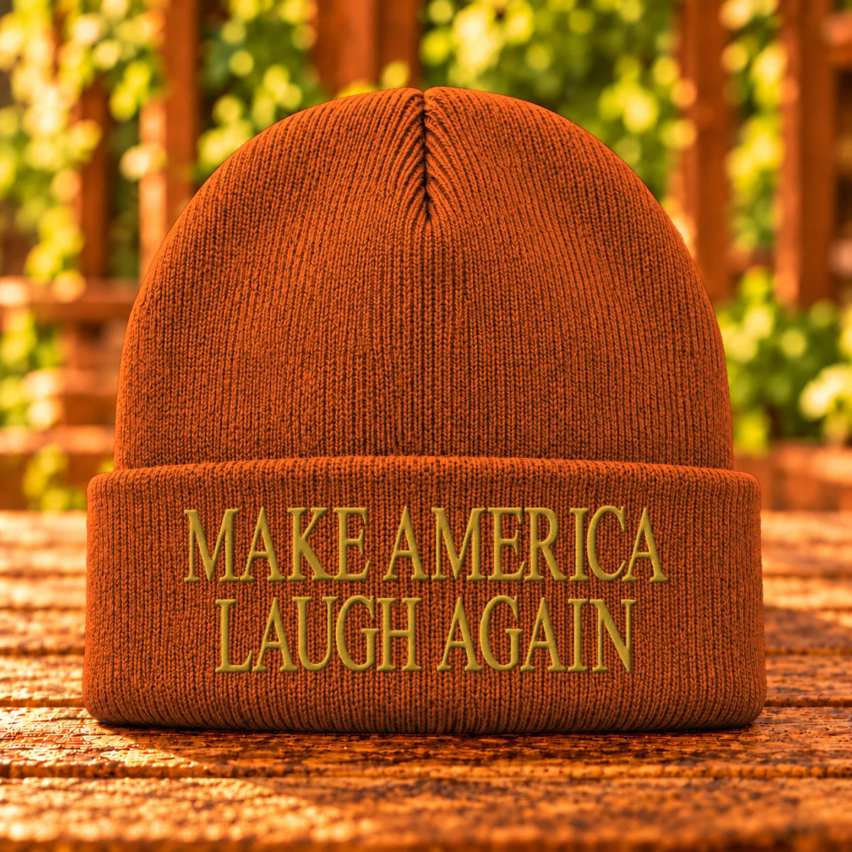 Make America Laugh Again — Athletic Orange beanie with Gold embroidery