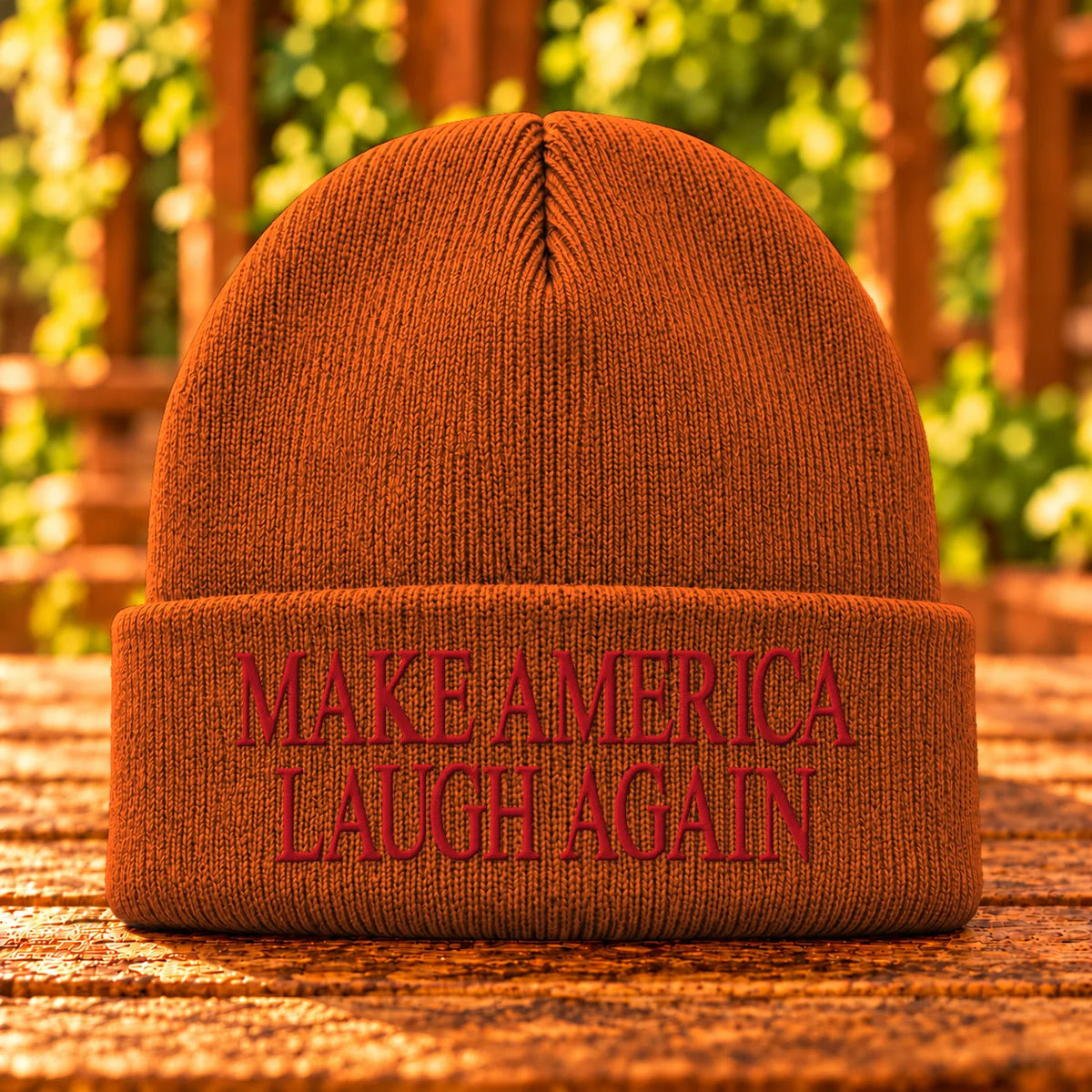 Make America Laugh Again — Athletic Orange beanie with Red embroidery