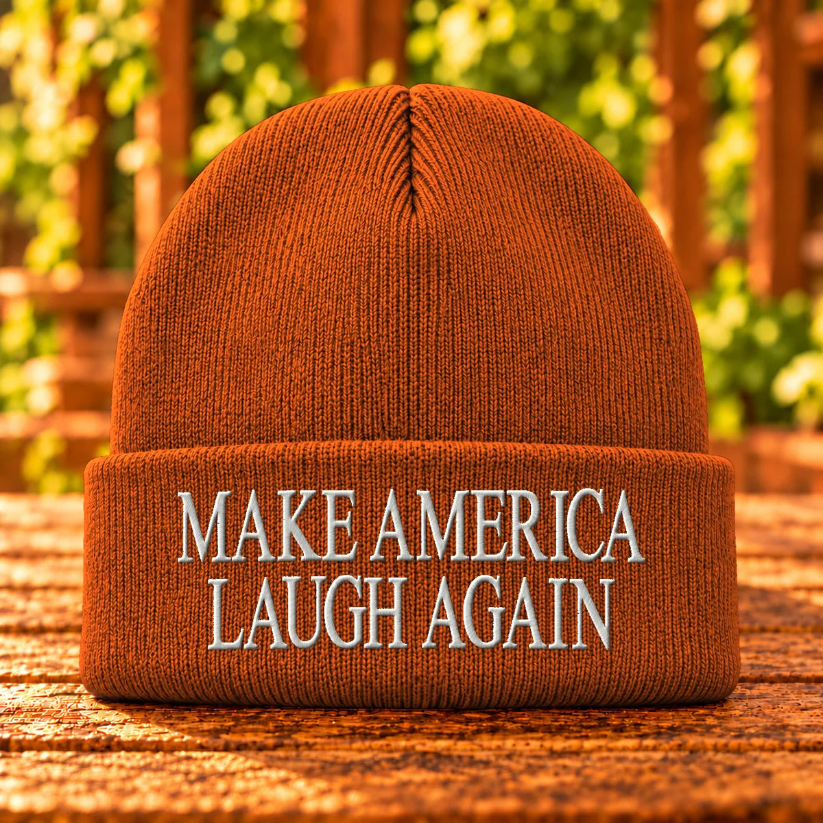Make America Laugh Again — Athletic Orange beanie with White embroidery