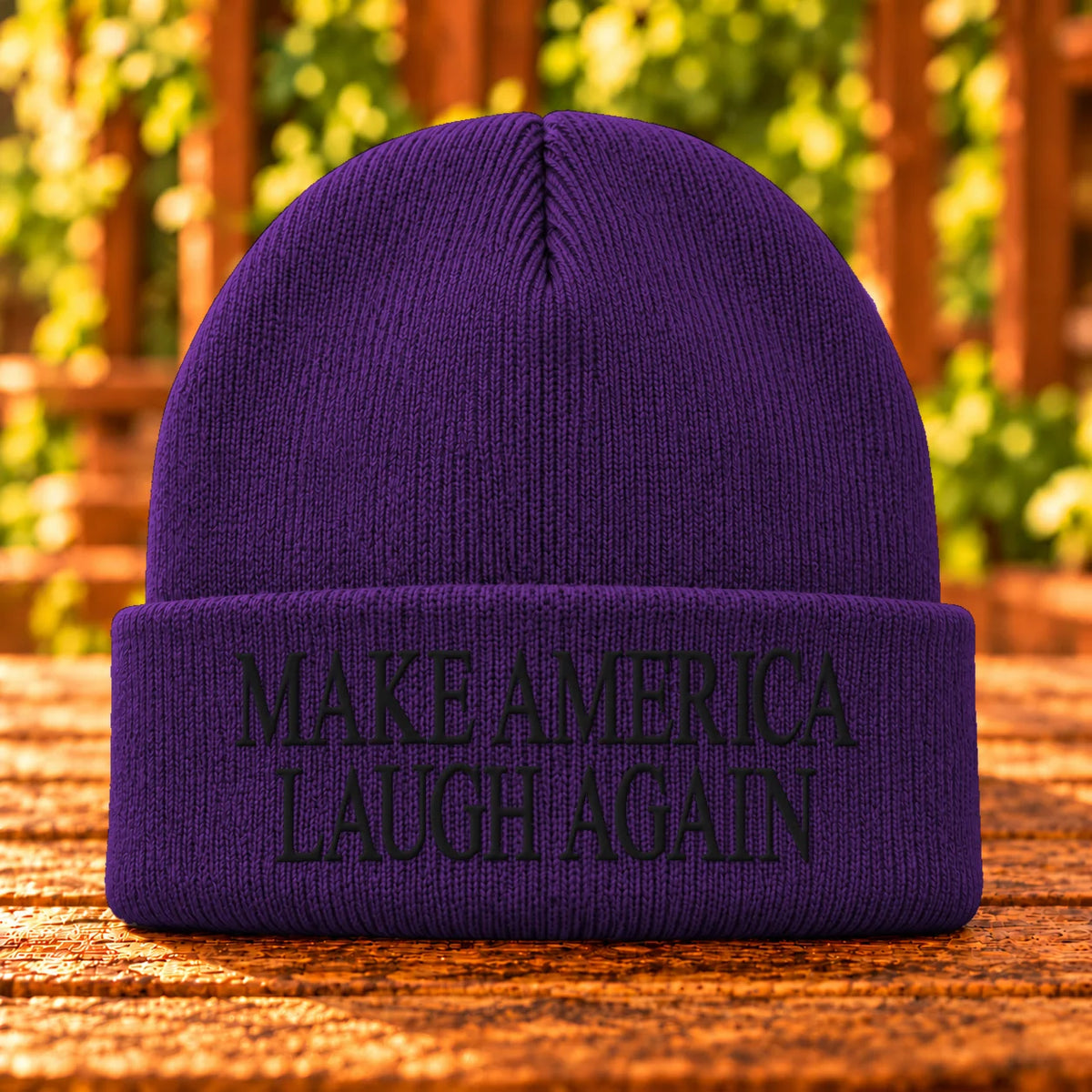 Make America Laugh Again — Athletic Purple beanie with Black embroidery