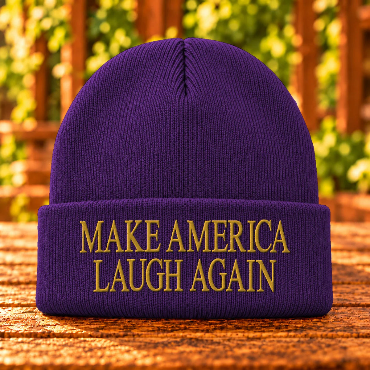 Make America Laugh Again — Athletic Purple beanie with Gold embroidery