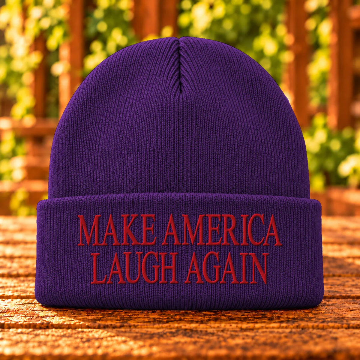Make America Laugh Again — Athletic Purple beanie with Red embroidery