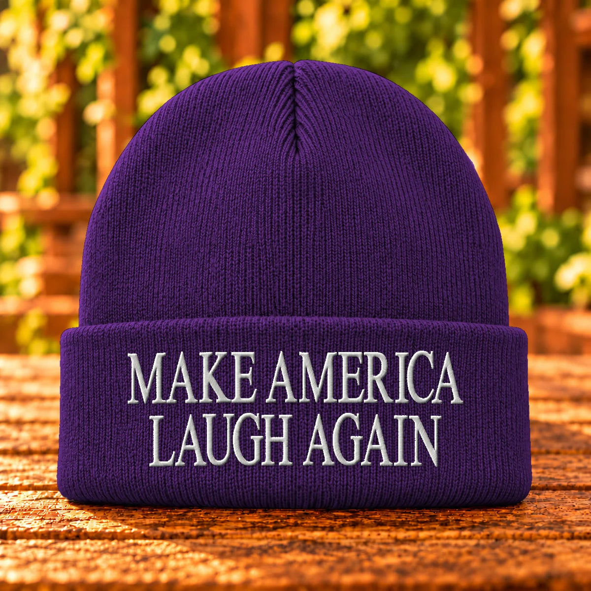 Make America Laugh Again — Athletic Purple beanie with White embroidery