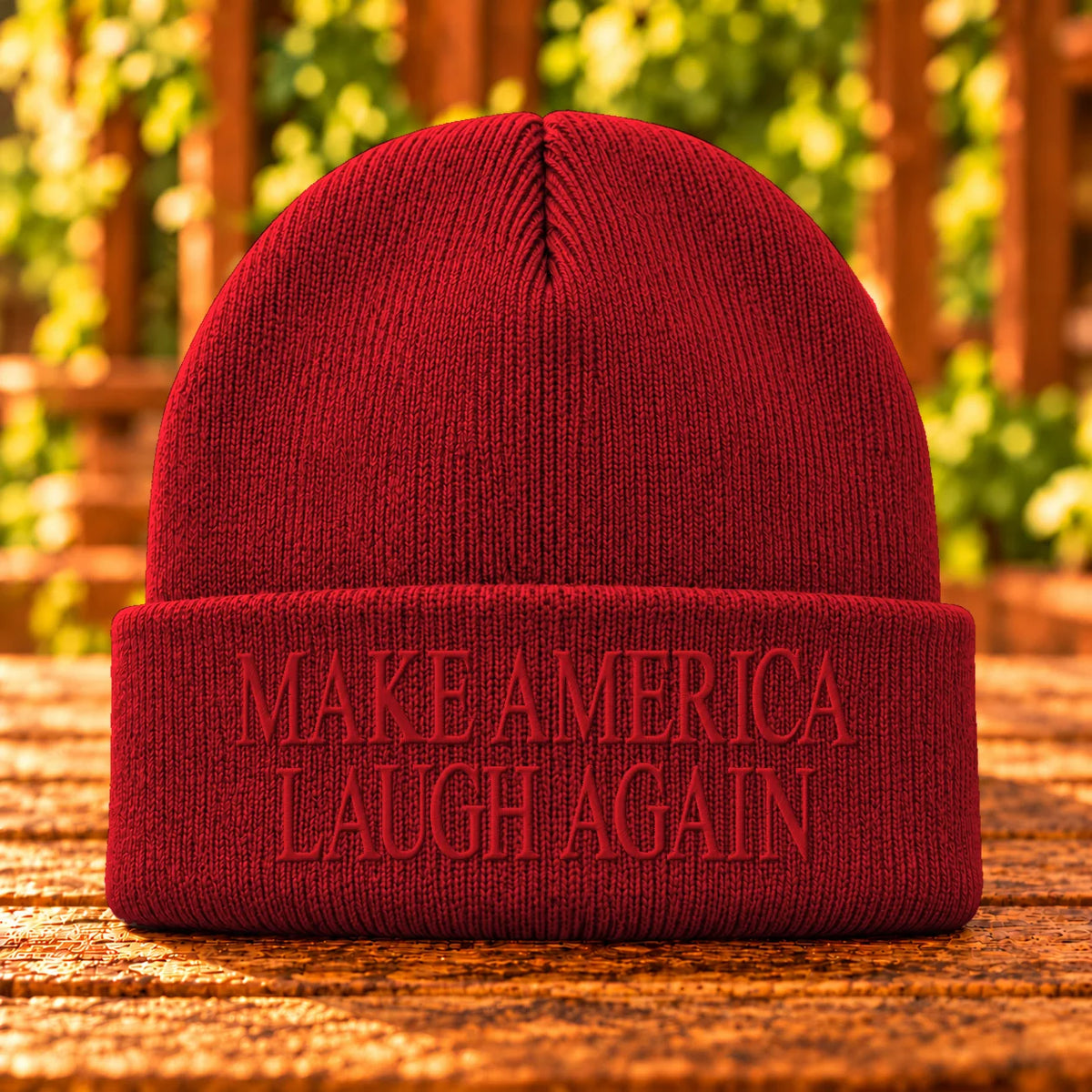 Make America Laugh Again — Athletic Red beanie with Red embroidery