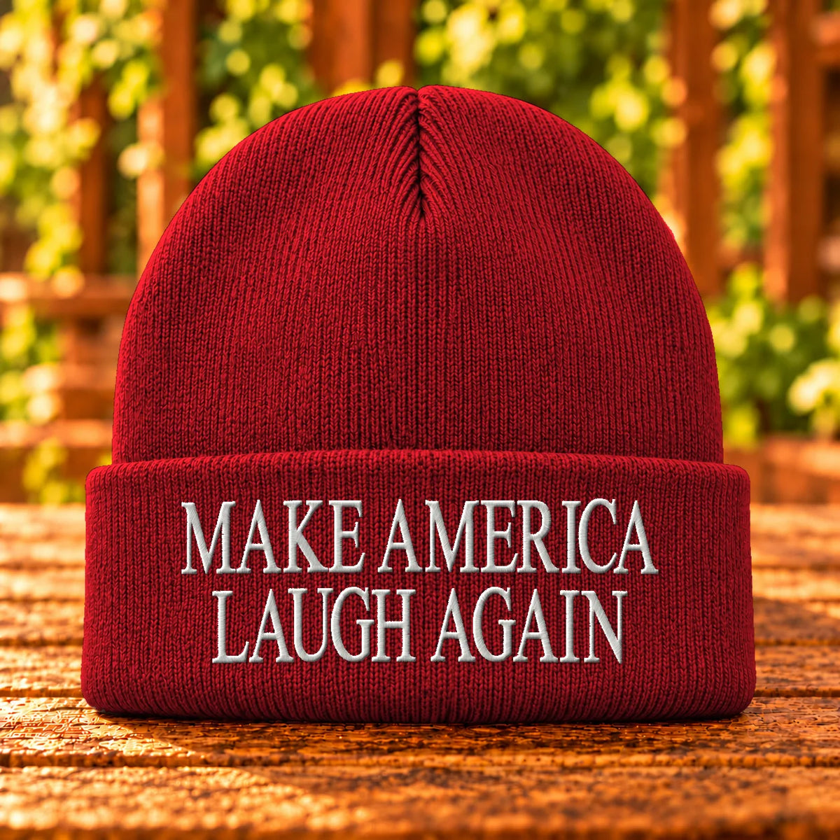 Make America Laugh Again — Athletic Red beanie with White embroidery