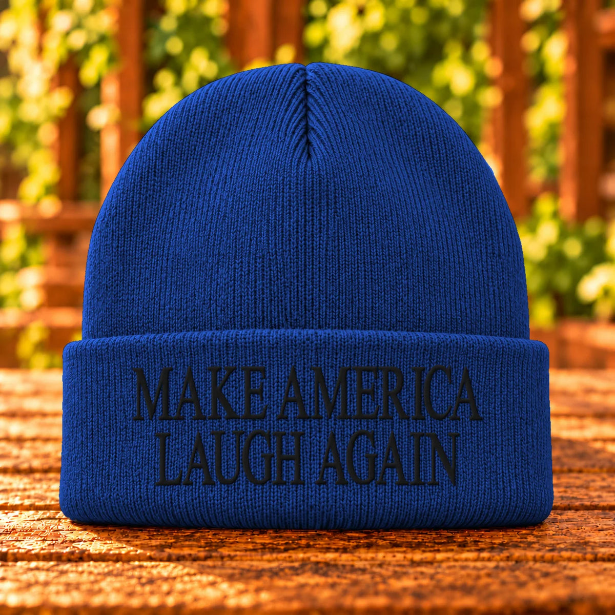 Make America Laugh Again — Athletic Royal beanie with Black embroidery
