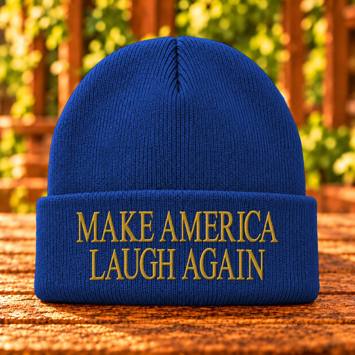 Make America Laugh Again — Athletic Royal beanie with Gold embroidery