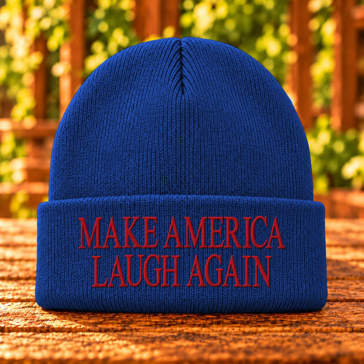 Make America Laugh Again — Athletic Royal beanie with Red embroidery