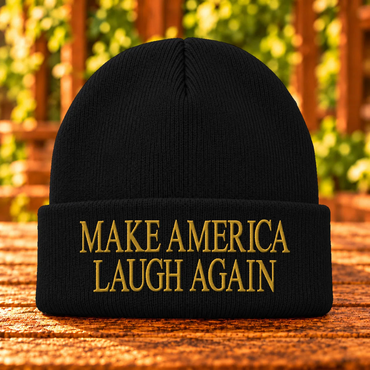 Make America Laugh Again — Black beanie with Gold embroidery