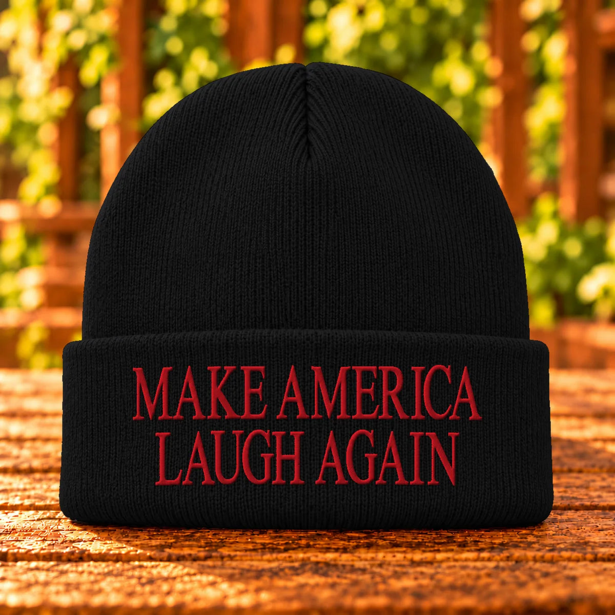 Make America Laugh Again — Black beanie with Red embroidery