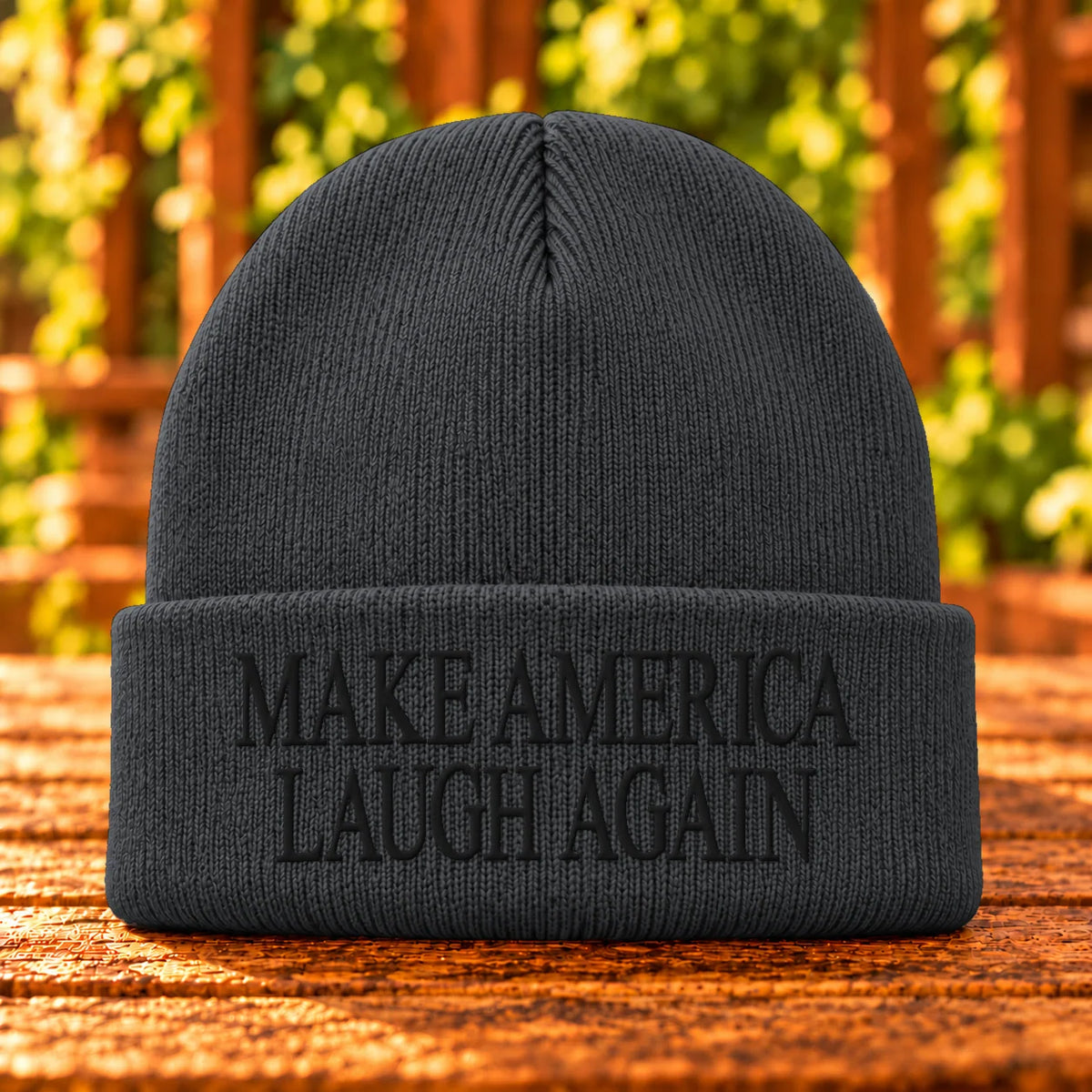 Make America Laugh Again — Charcoal Heather beanie with Black embroidery