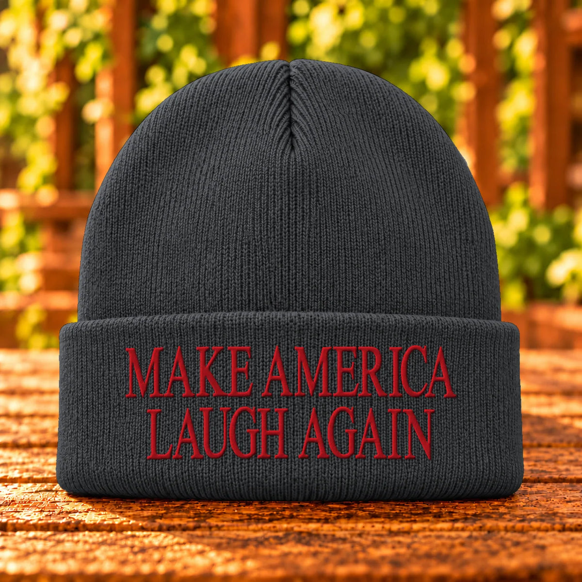 Make America Laugh Again — Charcoal Heather beanie with Red embroidery