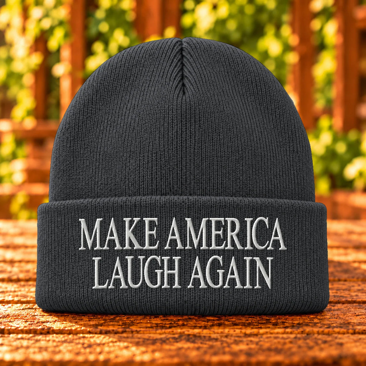 Make America Laugh Again — Charcoal Heather beanie with White embroidery