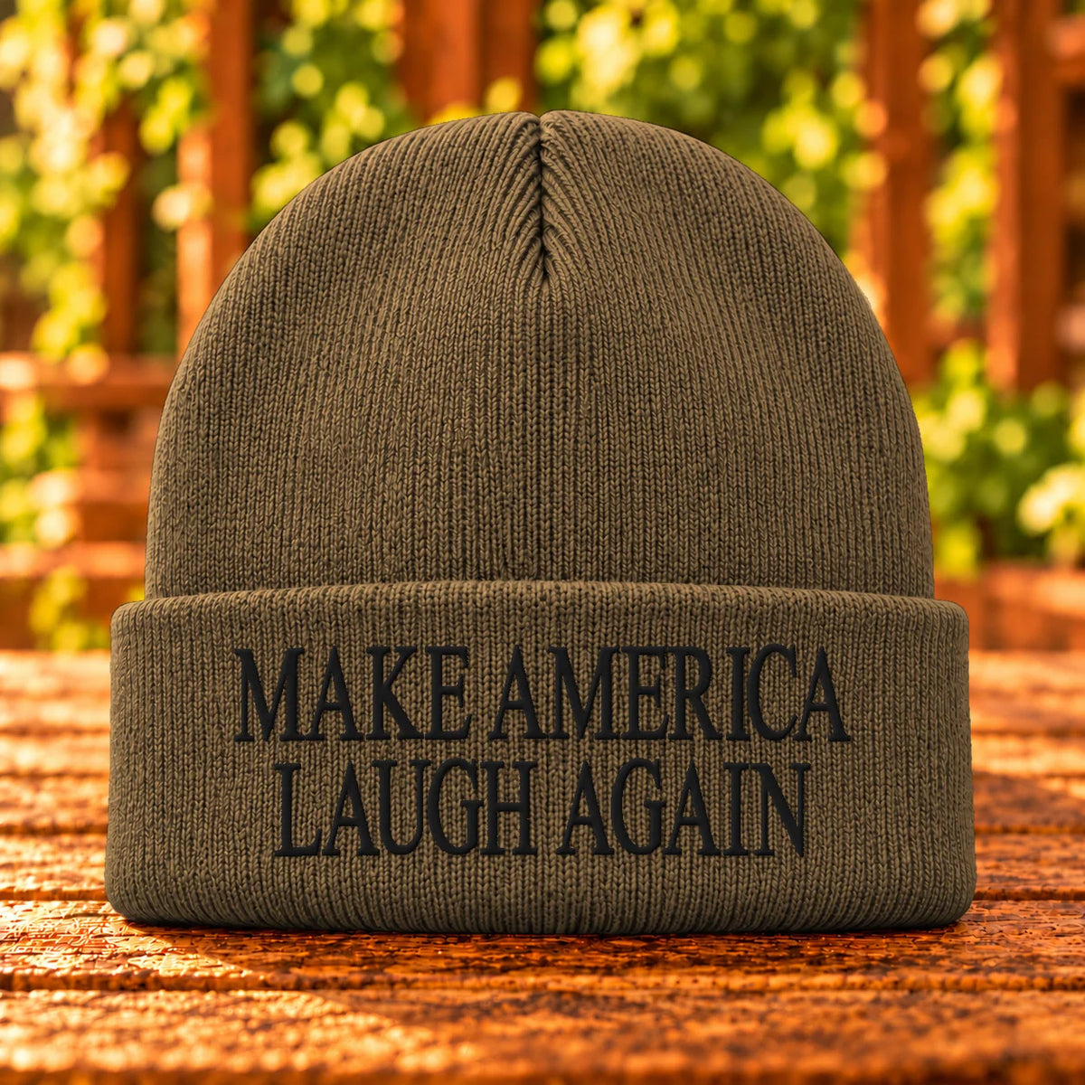 Make America Laugh Again — Coyote Brown beanie with Black embroidery