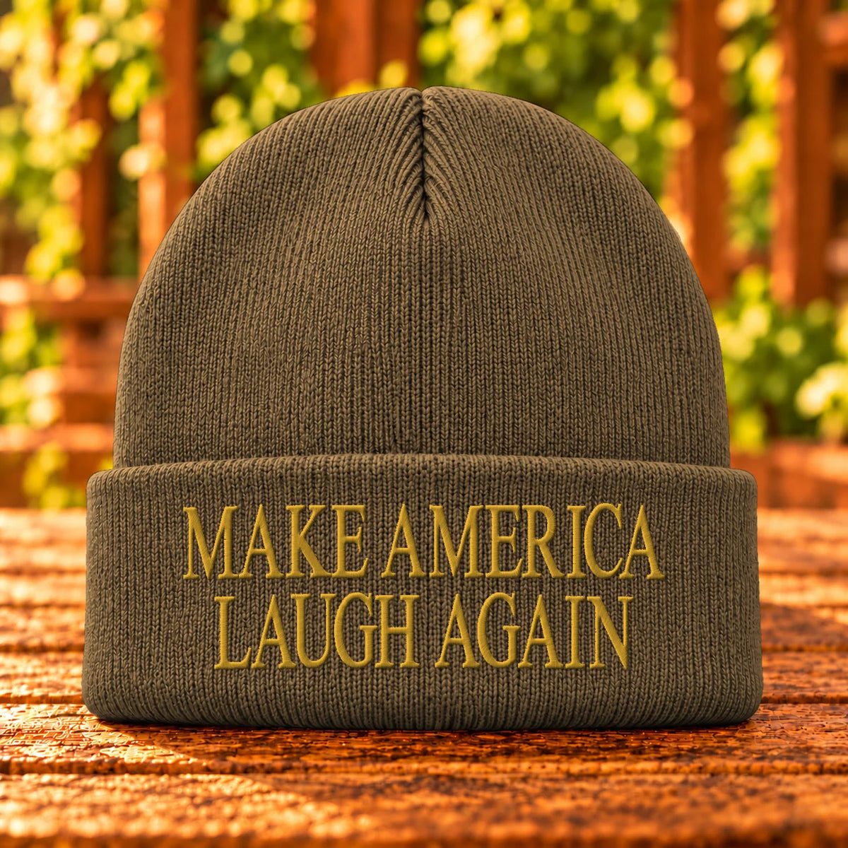 Make America Laugh Again — Coyote Brown beanie with Gold embroidery