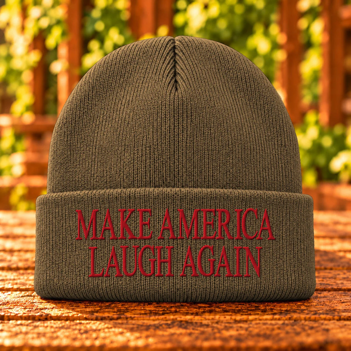 Make America Laugh Again — Coyote Brown beanie with Red embroidery
