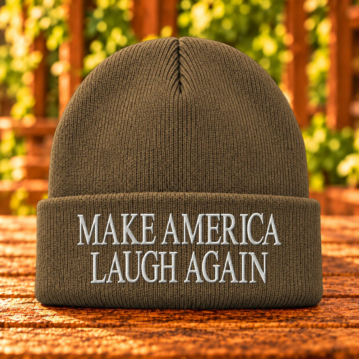 Make America Laugh Again — Coyote Brown beanie with White embroidery