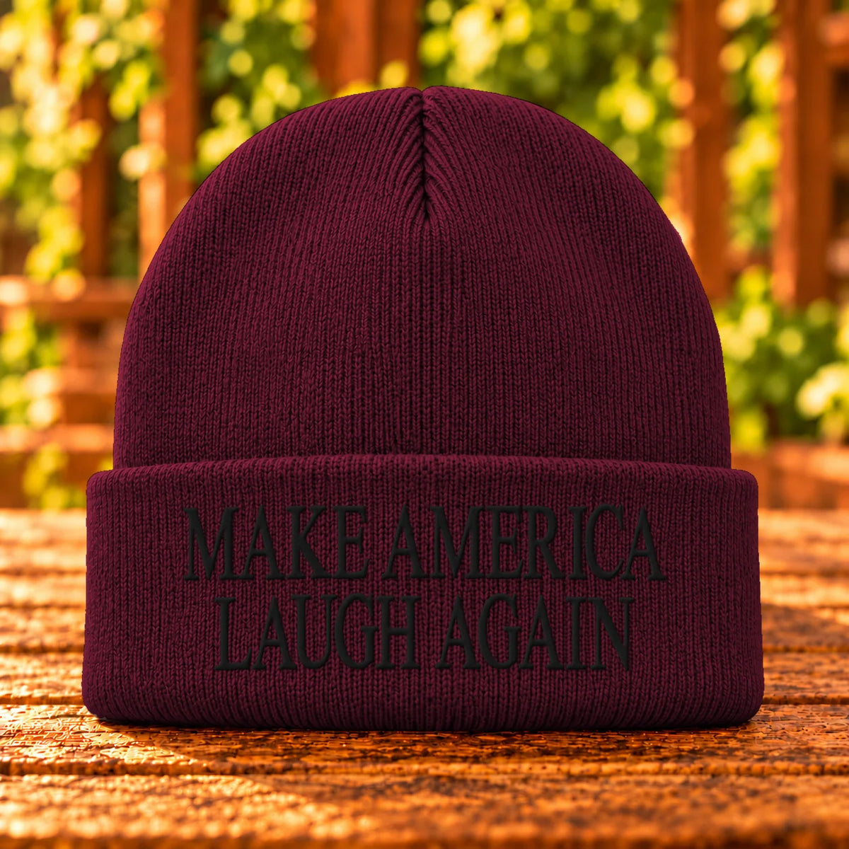 Make America Laugh Again — Maroon beanie with Black embroidery