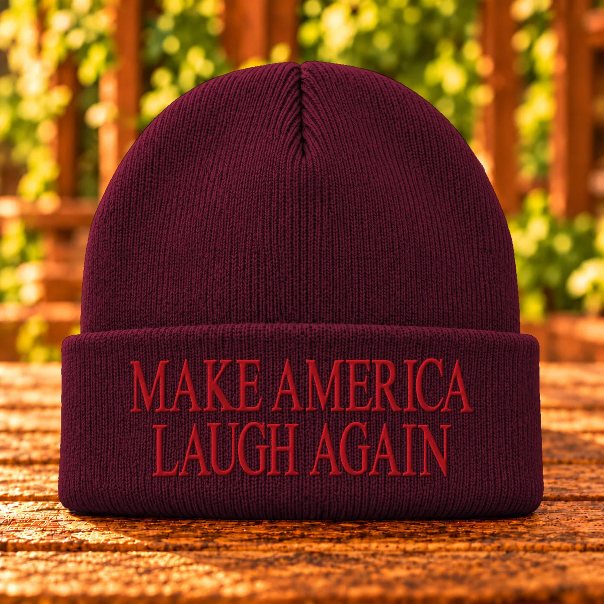 Make America Laugh Again — Maroon beanie with Red embroidery