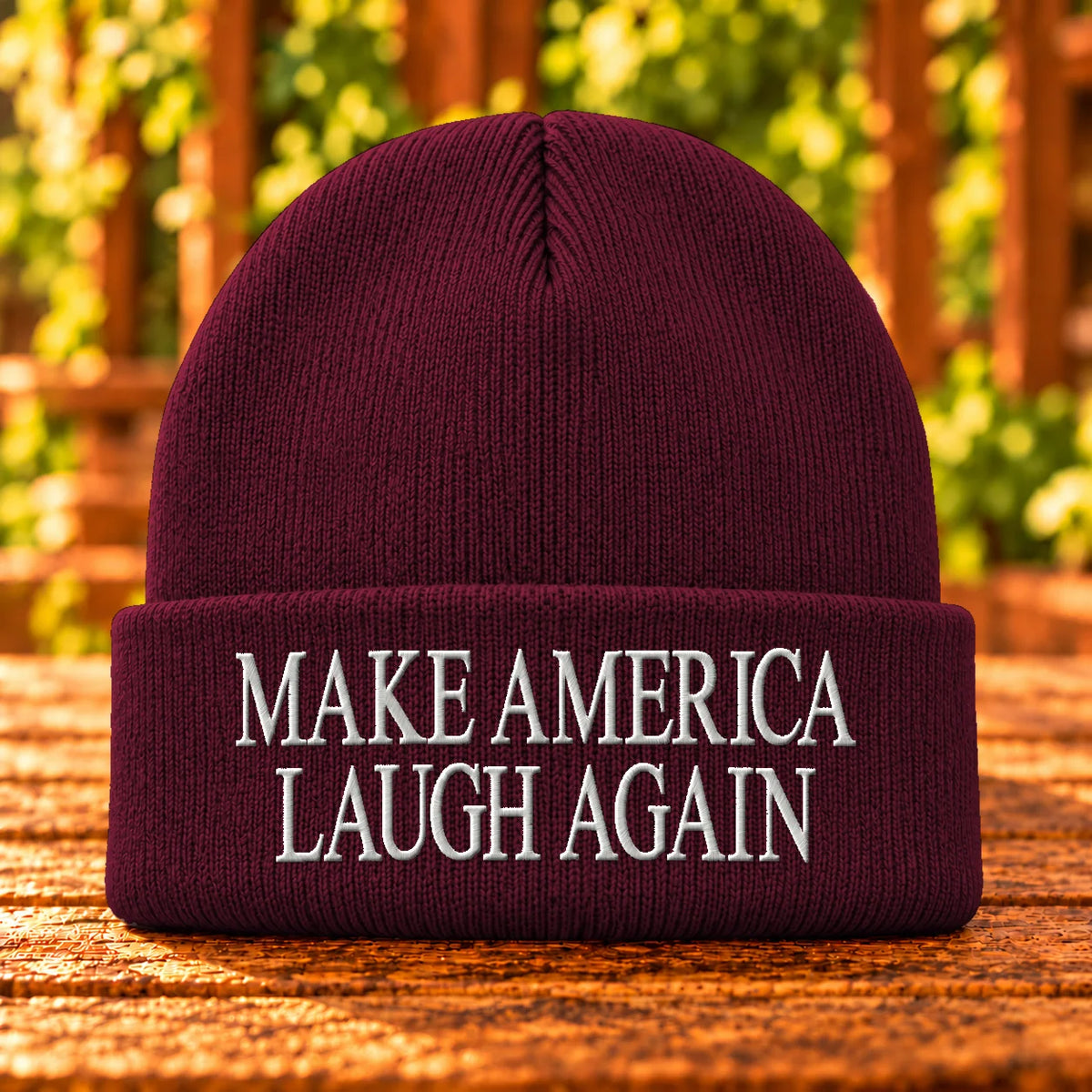 Make America Laugh Again — Maroon beanie with White embroidery