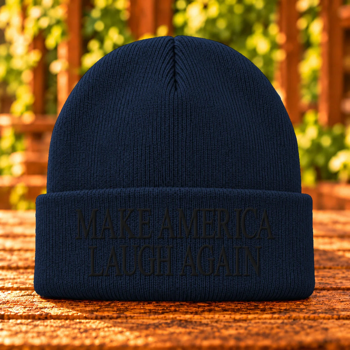 Make America Laugh Again — Navy beanie with Black embroidery