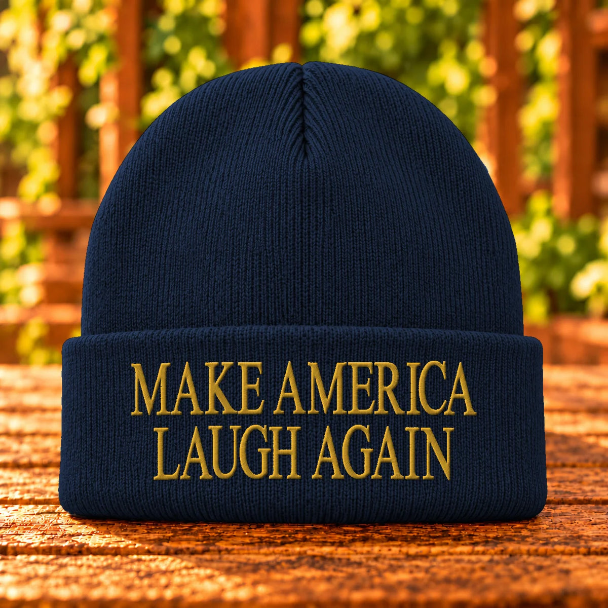 Make America Laugh Again — Navy beanie with Gold embroidery