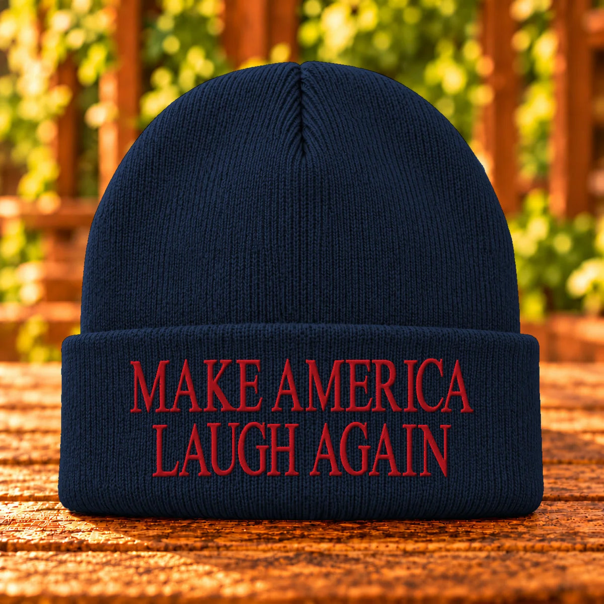Make America Laugh Again — Navy beanie with Red embroidery