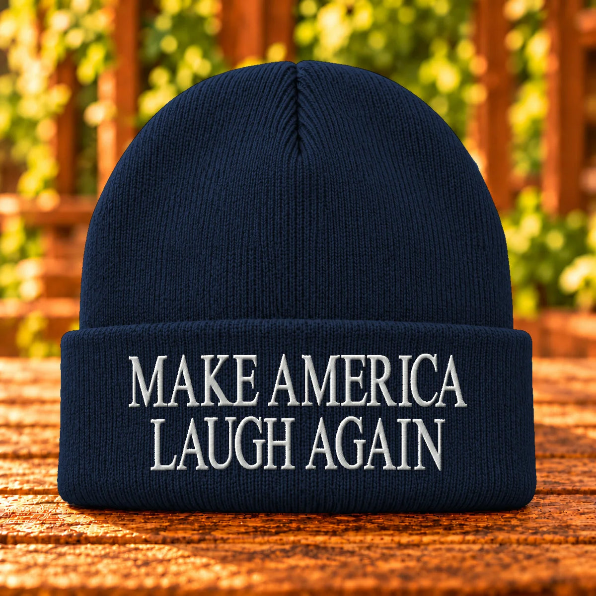 Make America Laugh Again — Navy beanie with White embroidery
