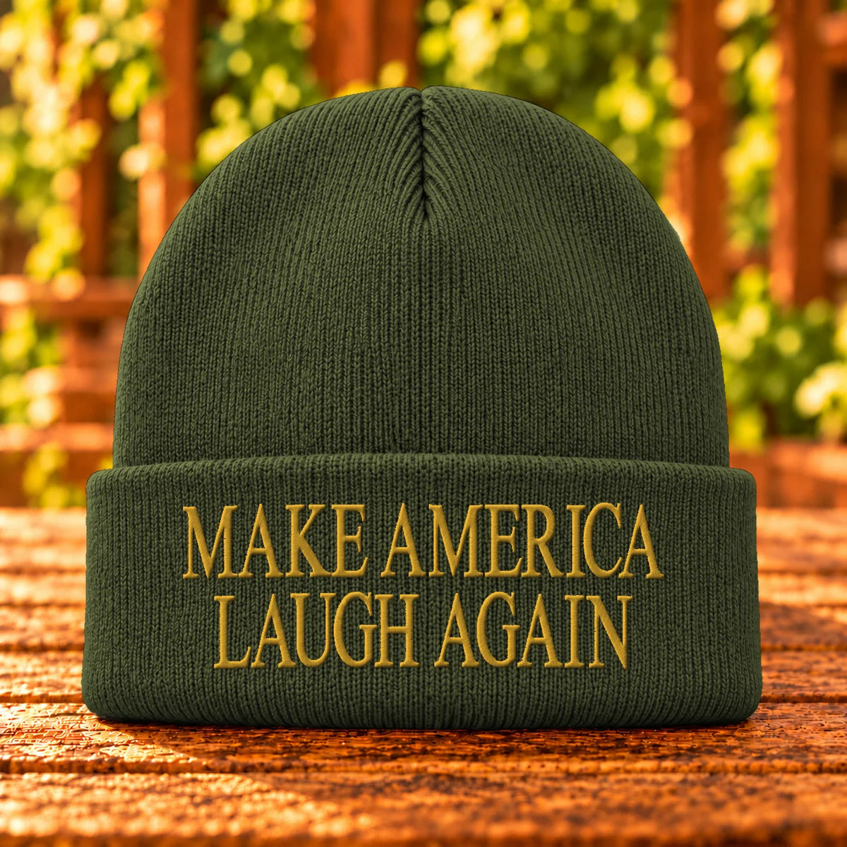 Make America Laugh Again — Olive Drab Green beanie with Gold embroidery