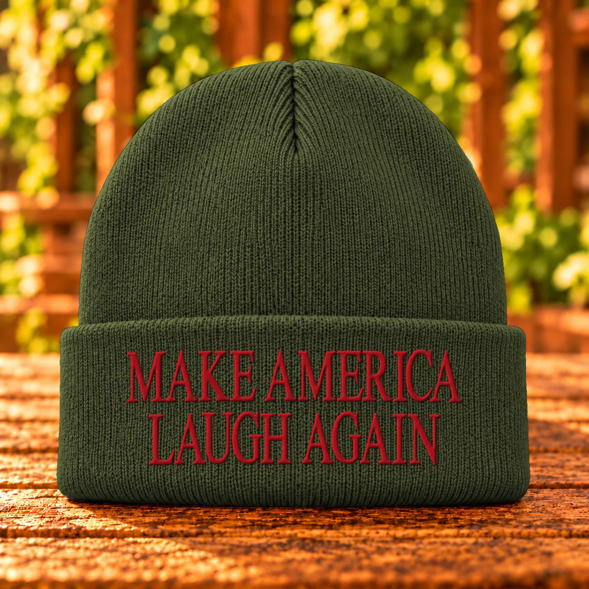 Make America Laugh Again — Olive Drab Green beanie with Red embroidery