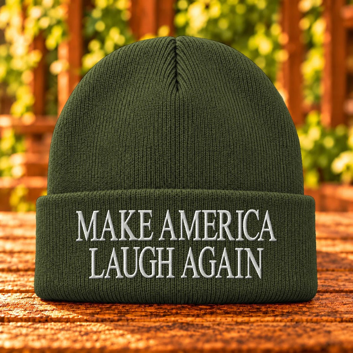 Make America Laugh Again — Olive Drab Green beanie with White embroidery