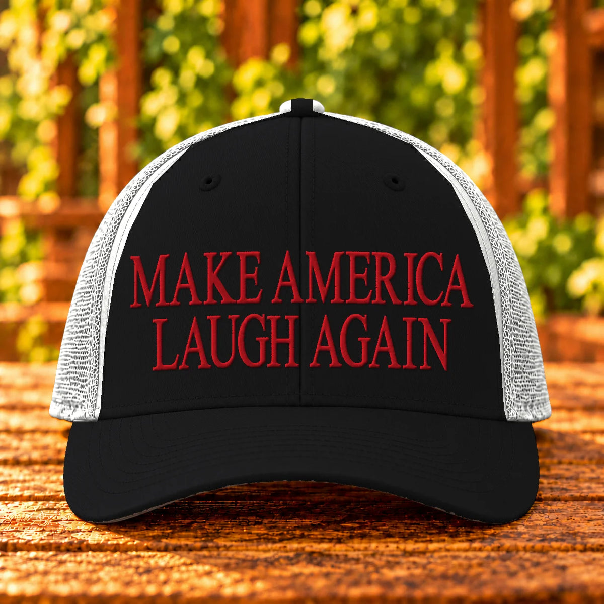 Make America Laugh Again — Black/White trucker with Red embroidery