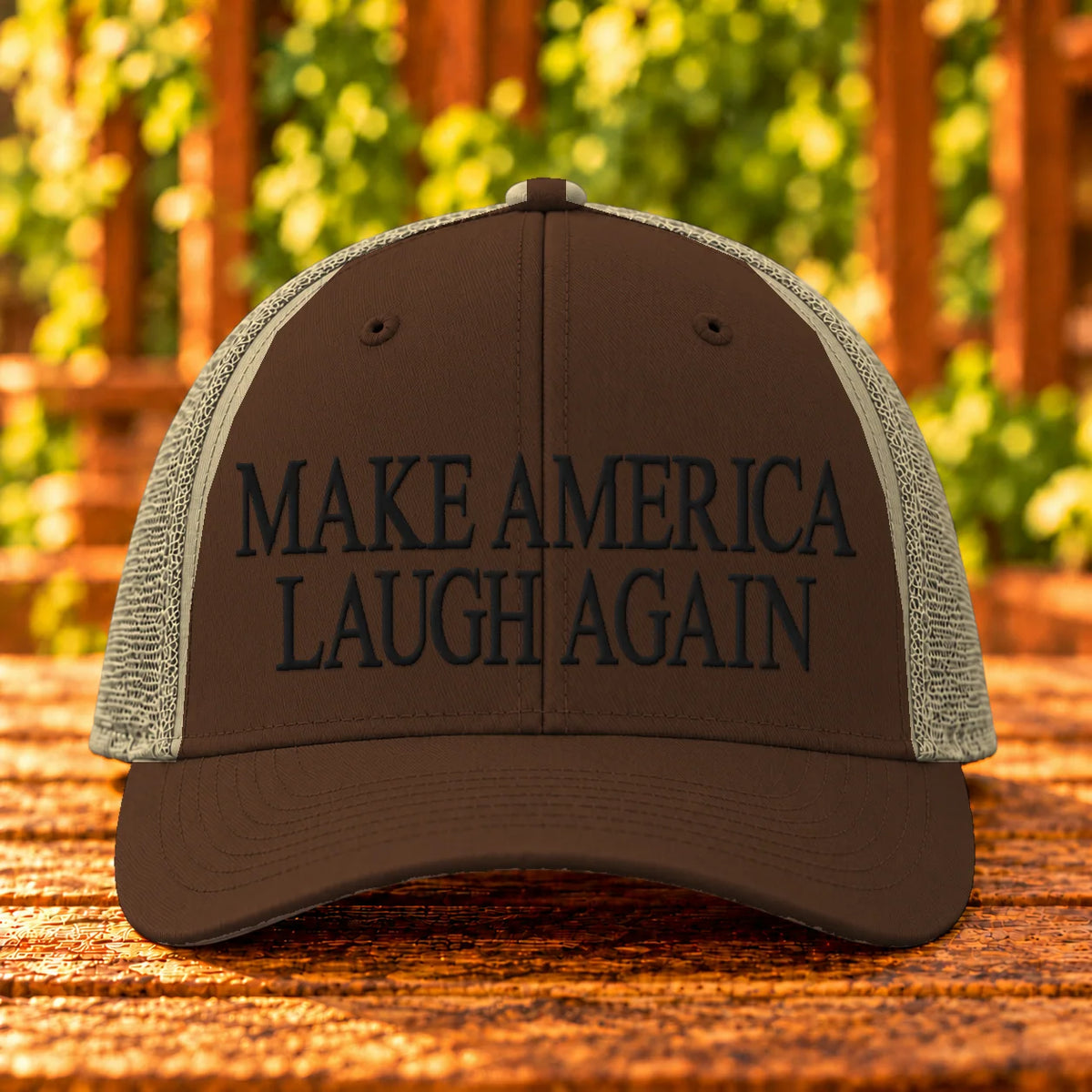 Make America Laugh Again — Brown/Khaki trucker with Black embroidery