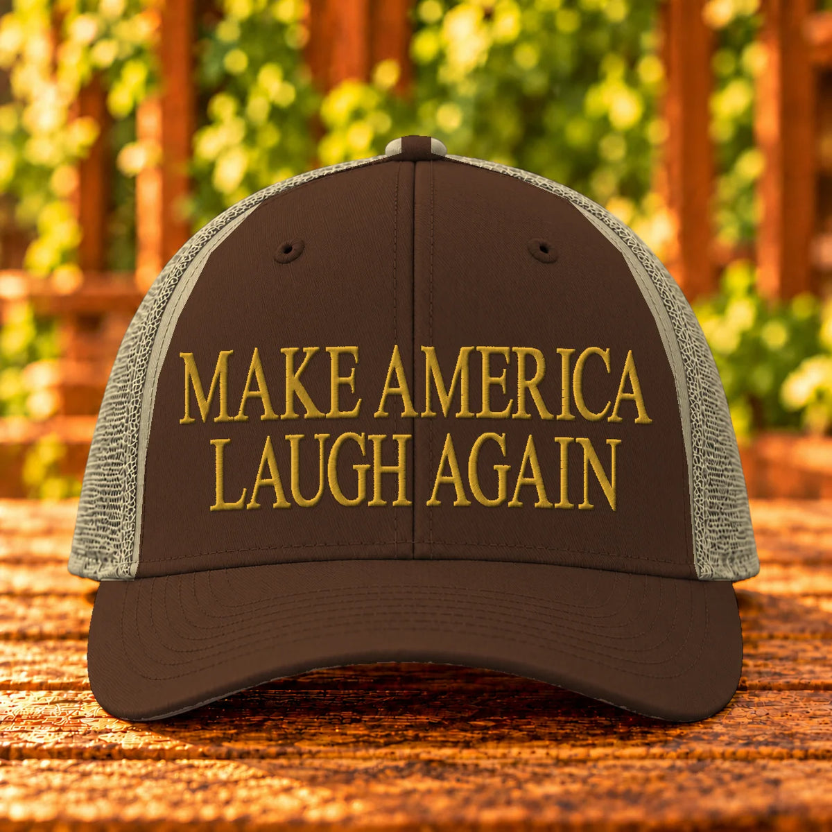 Make America Laugh Again — Brown/Khaki trucker with Gold embroidery