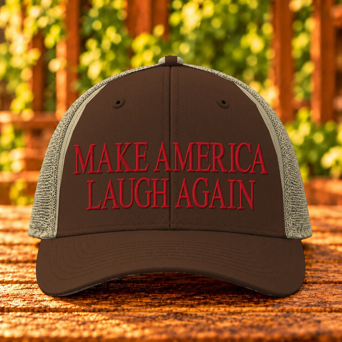 Make America Laugh Again — Brown/Khaki trucker with Red embroidery