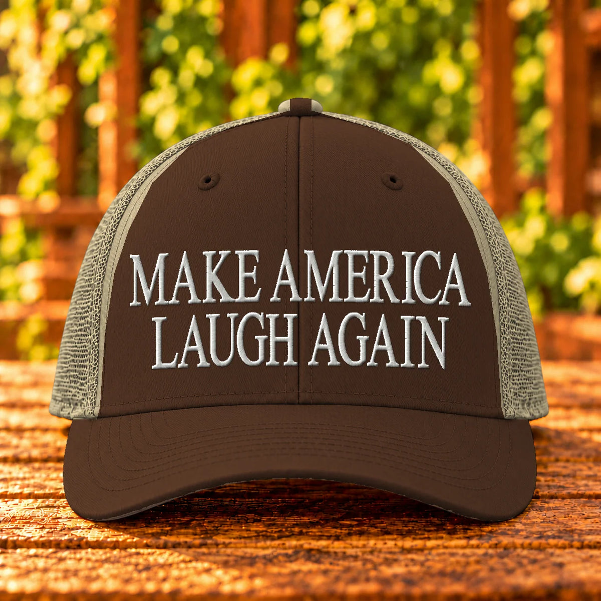 Make America Laugh Again — Brown/Khaki trucker with White embroidery