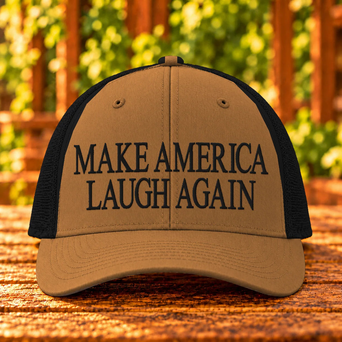 Make America Laugh Again — Caramel/Black trucker with Black embroidery