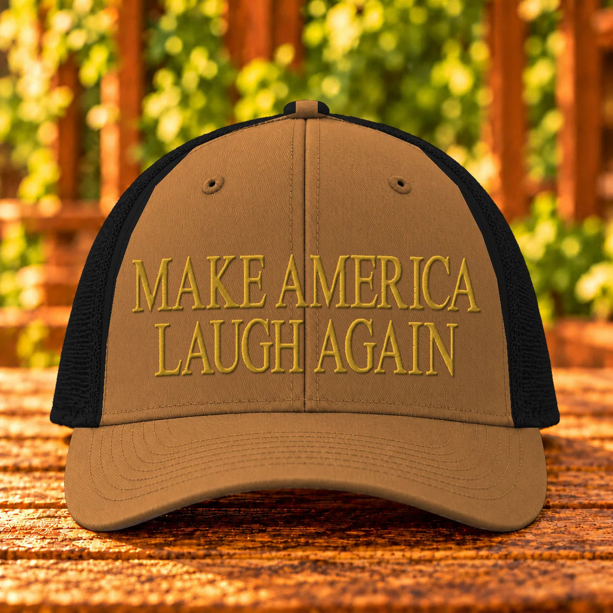 Make America Laugh Again — Caramel/Black trucker with Gold embroidery