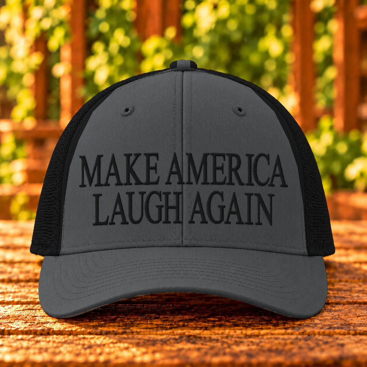 Make America Laugh Again — Charcoal/Black trucker with Black embroidery