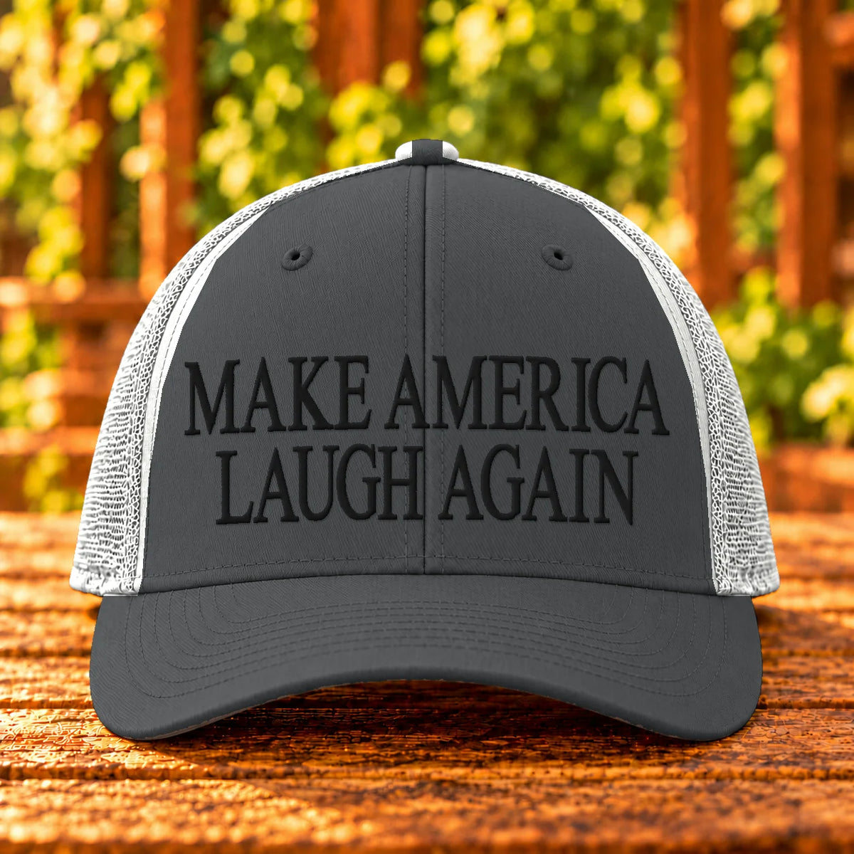 Make America Laugh Again — Charcoal/White trucker with Black embroidery