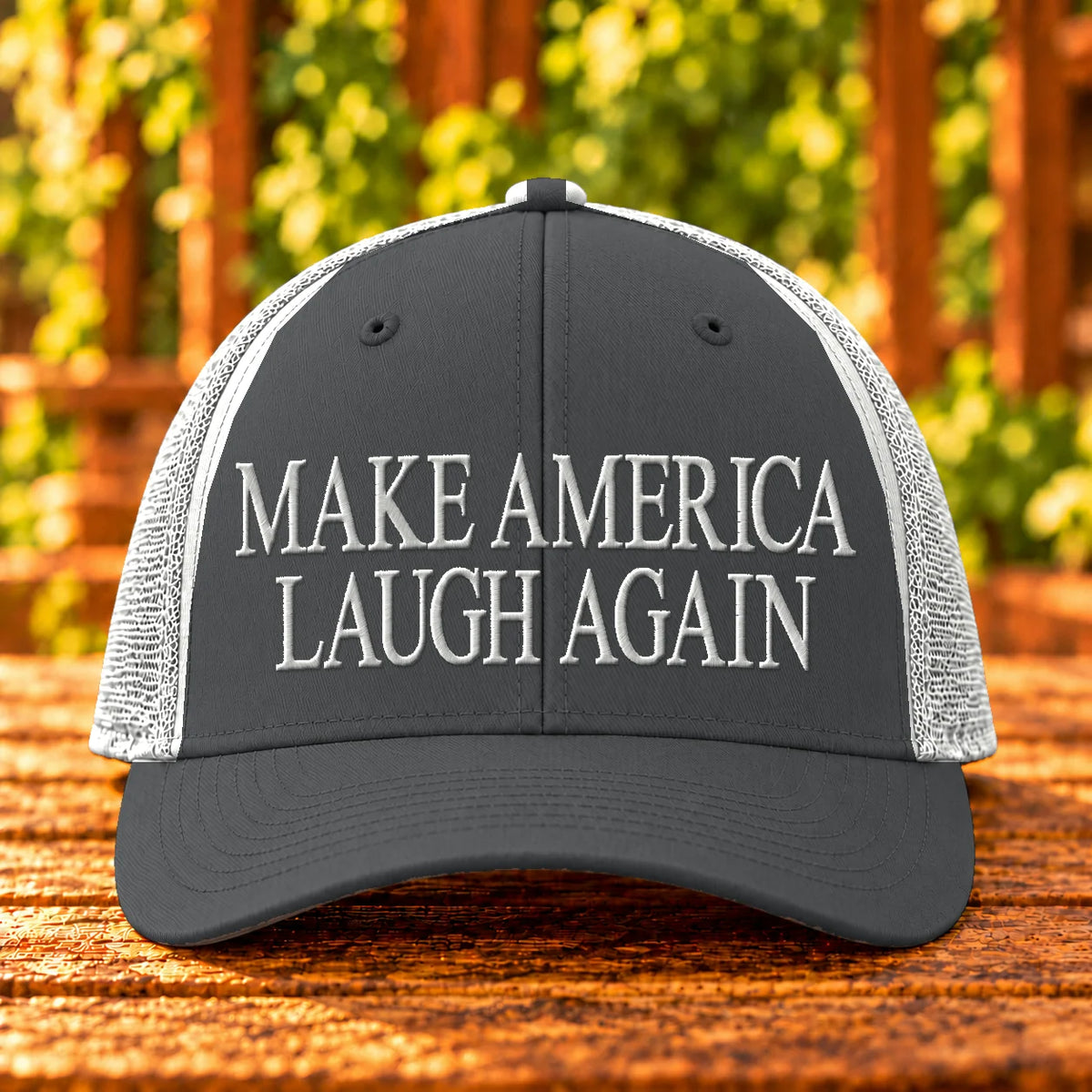 Make America Laugh Again — Charcoal/White trucker with White embroidery