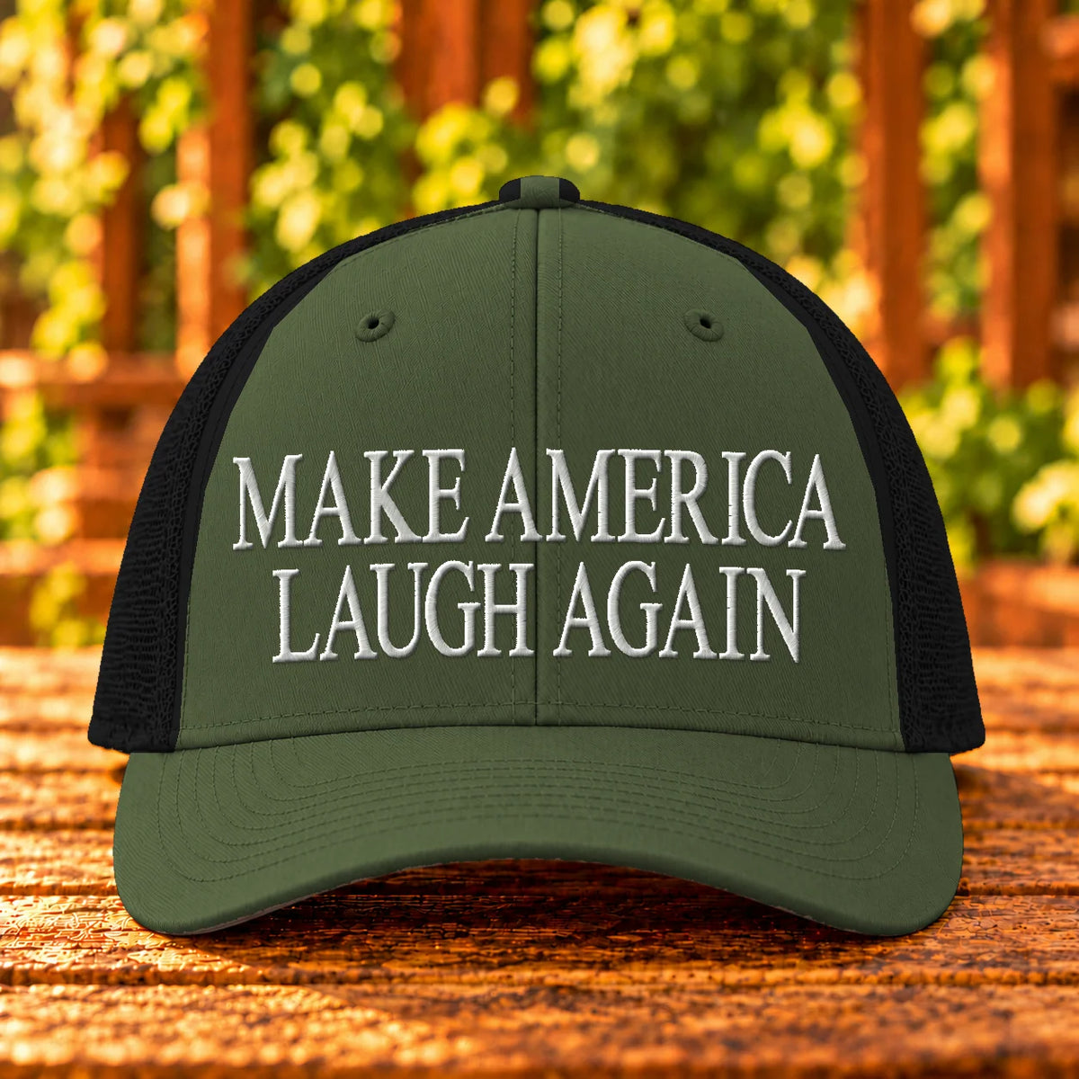 Make America Laugh Again — Loden/Black trucker with White embroidery