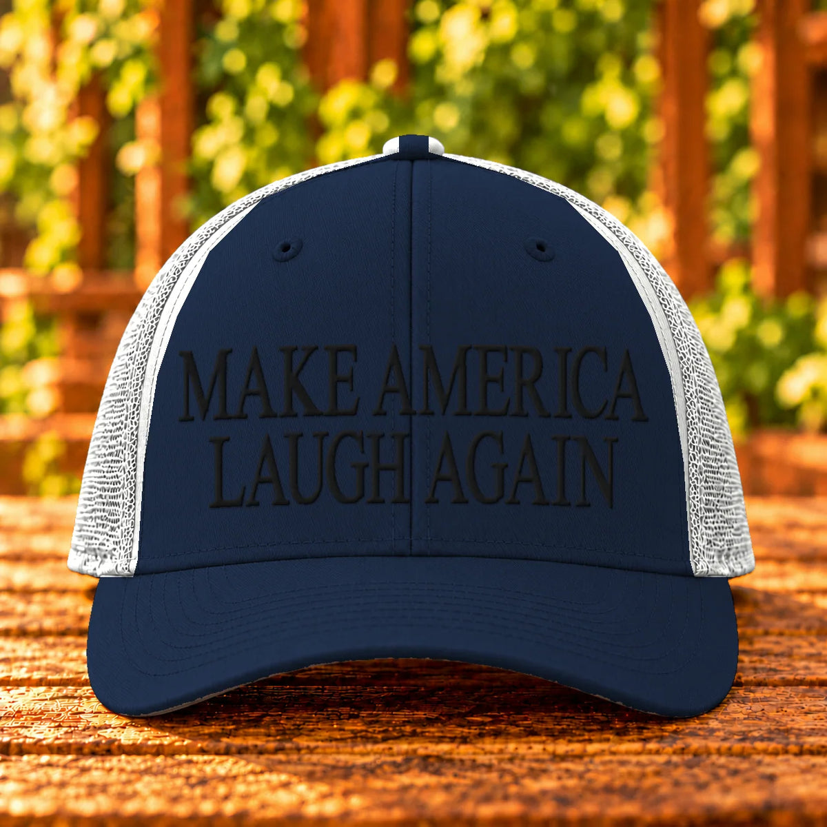 Make America Laugh Again — Navy/White trucker with Black embroidery