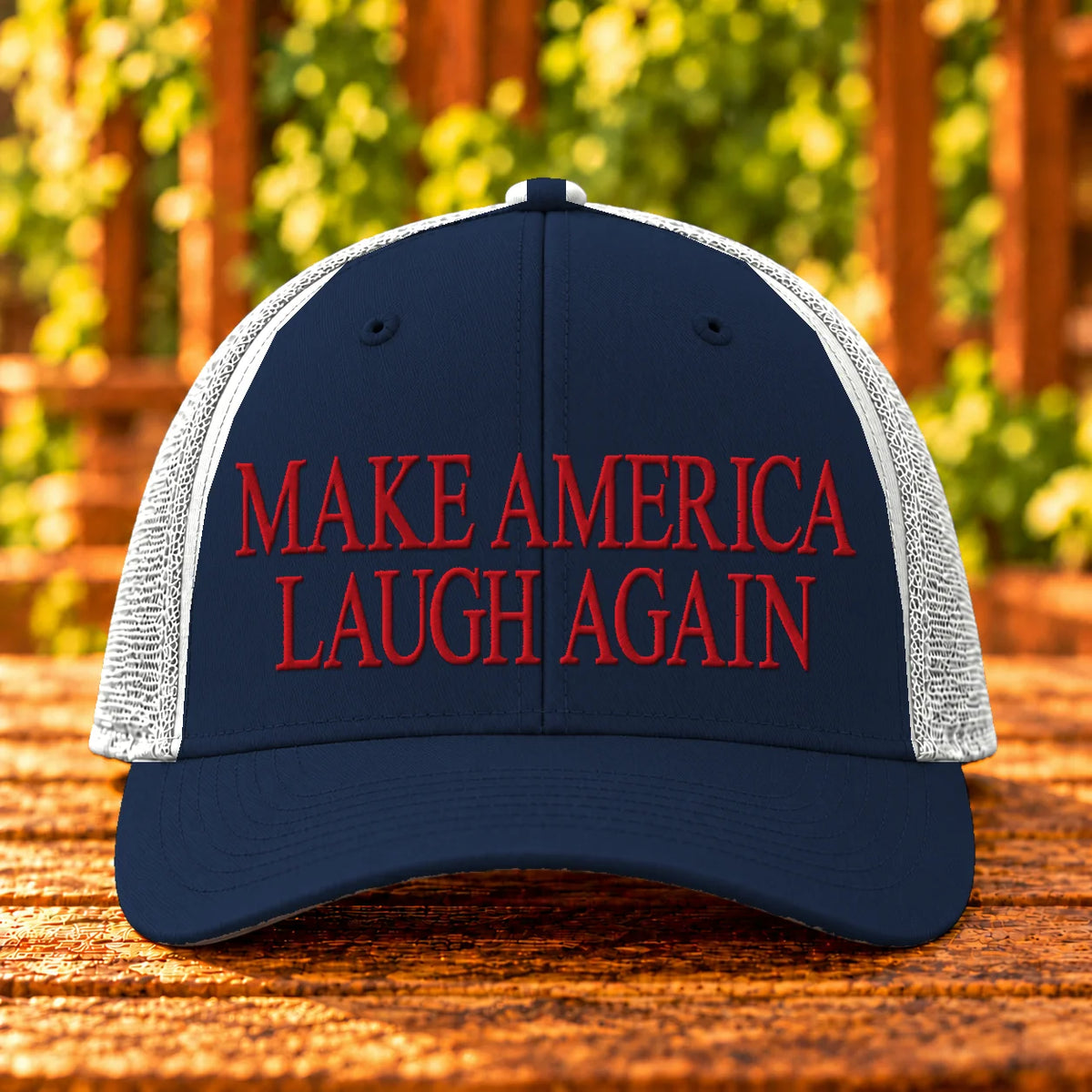 Make America Laugh Again — Navy/White trucker with Red embroidery