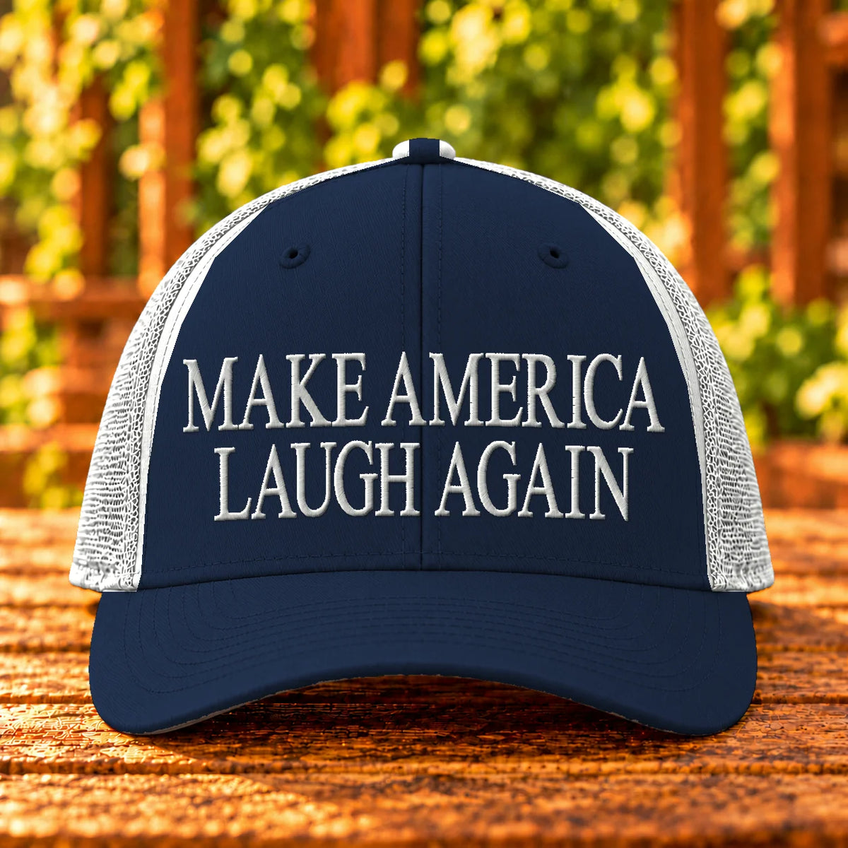Make America Laugh Again — Navy/White trucker with White embroidery