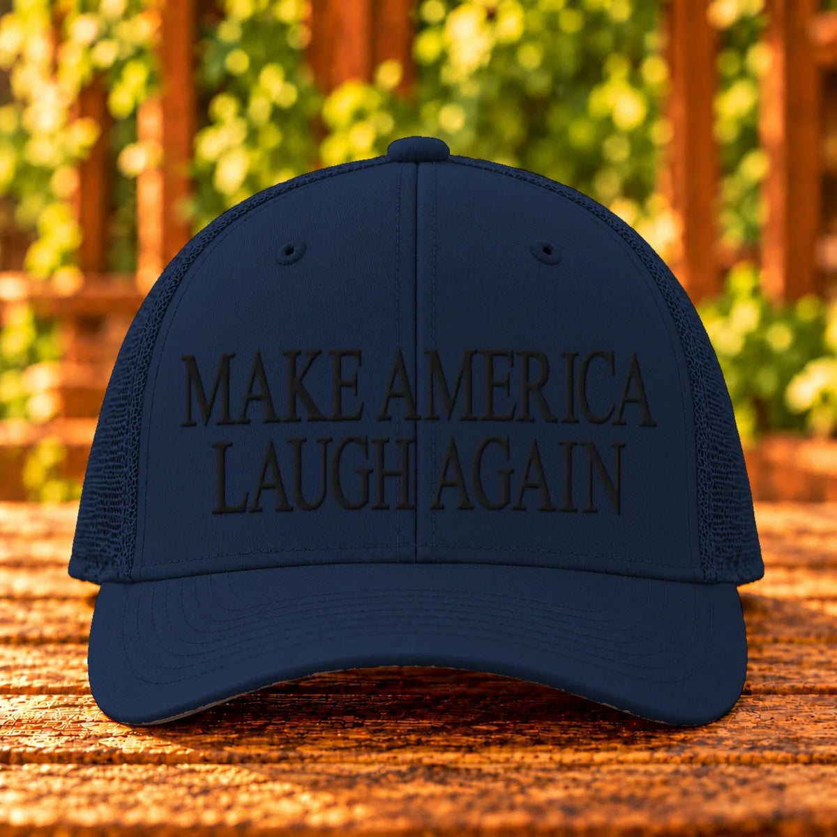 Make America Laugh Again — Navy trucker with Black embroidery