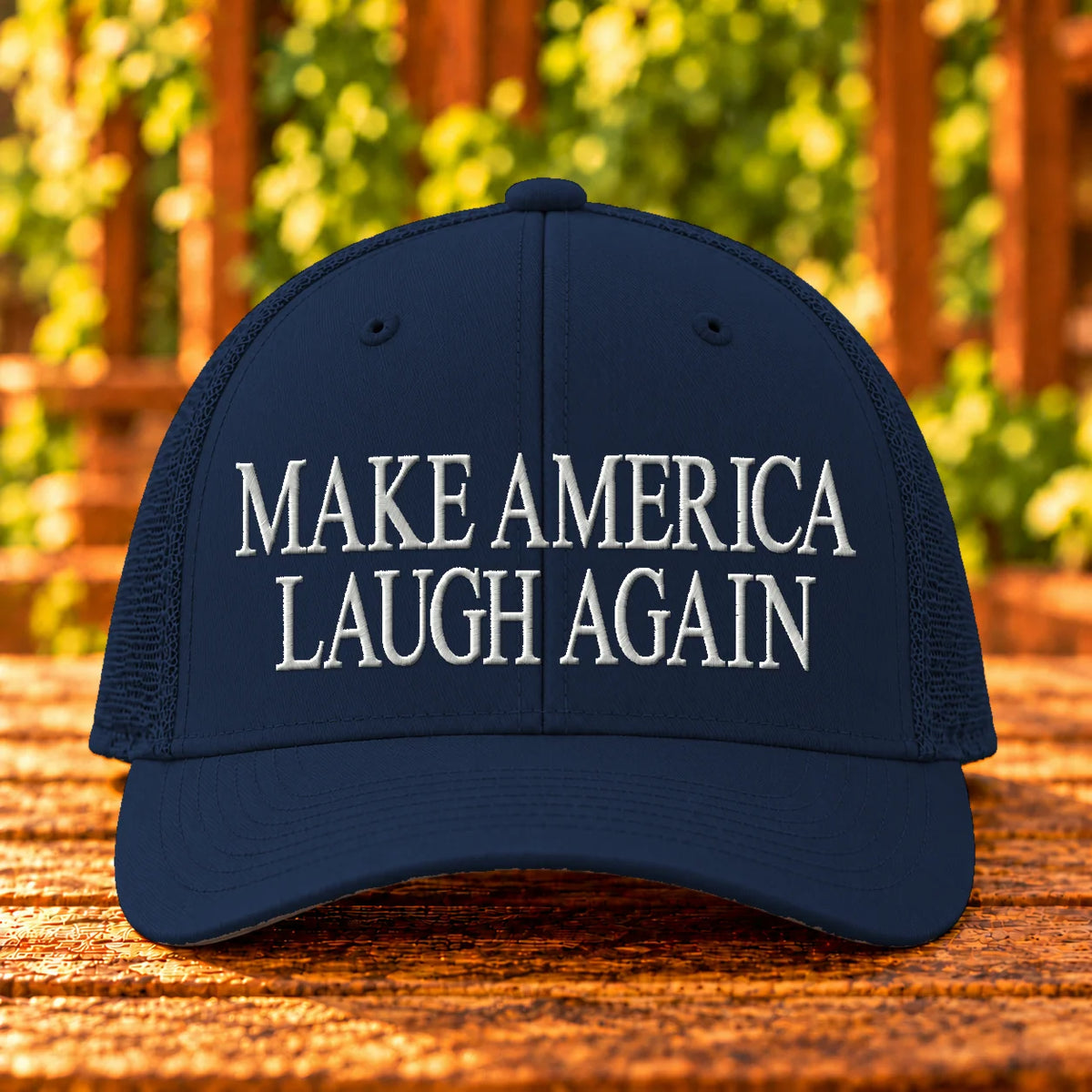 Make America Laugh Again — Navy trucker with White embroidery