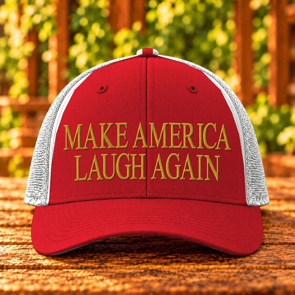 Make America Laugh Again — Red/White trucker with Gold embroidery