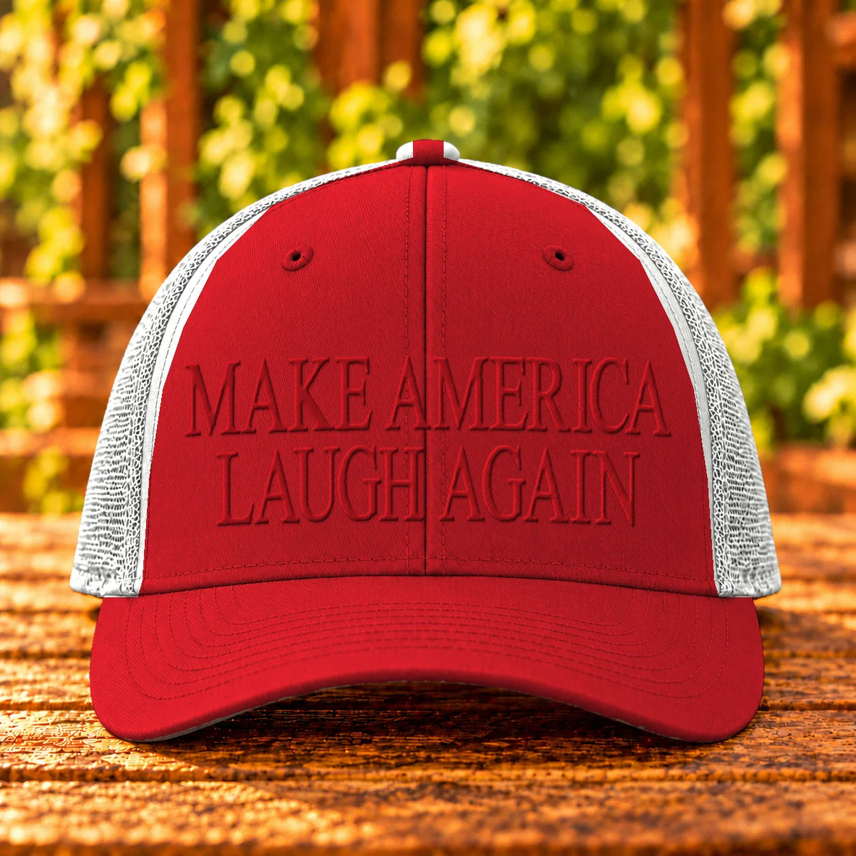 Make America Laugh Again — Red/White trucker with Red embroidery